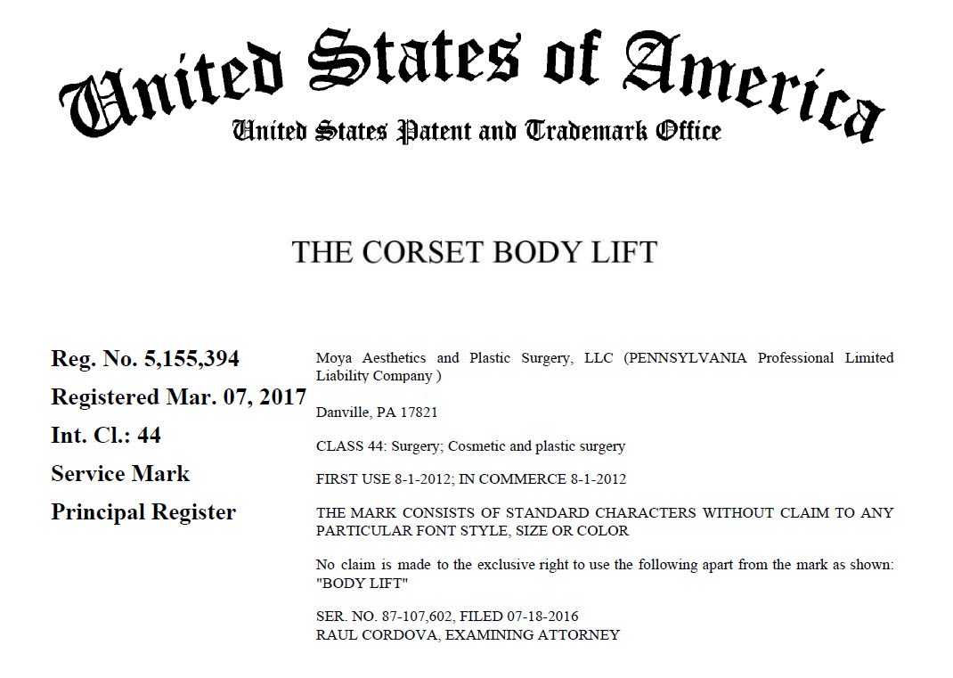 Corset Body Lift Trademark Certificate